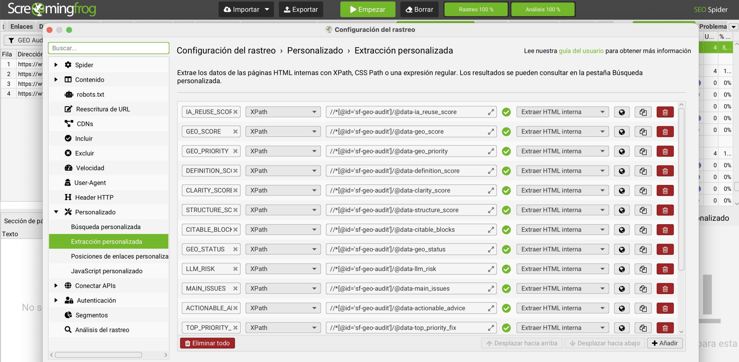 Auditor&iacute;a GEO con Screaming Frog