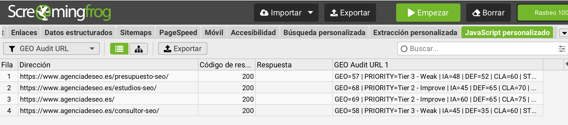 Puntuaci&oacute;n GEO en Screaming Frog