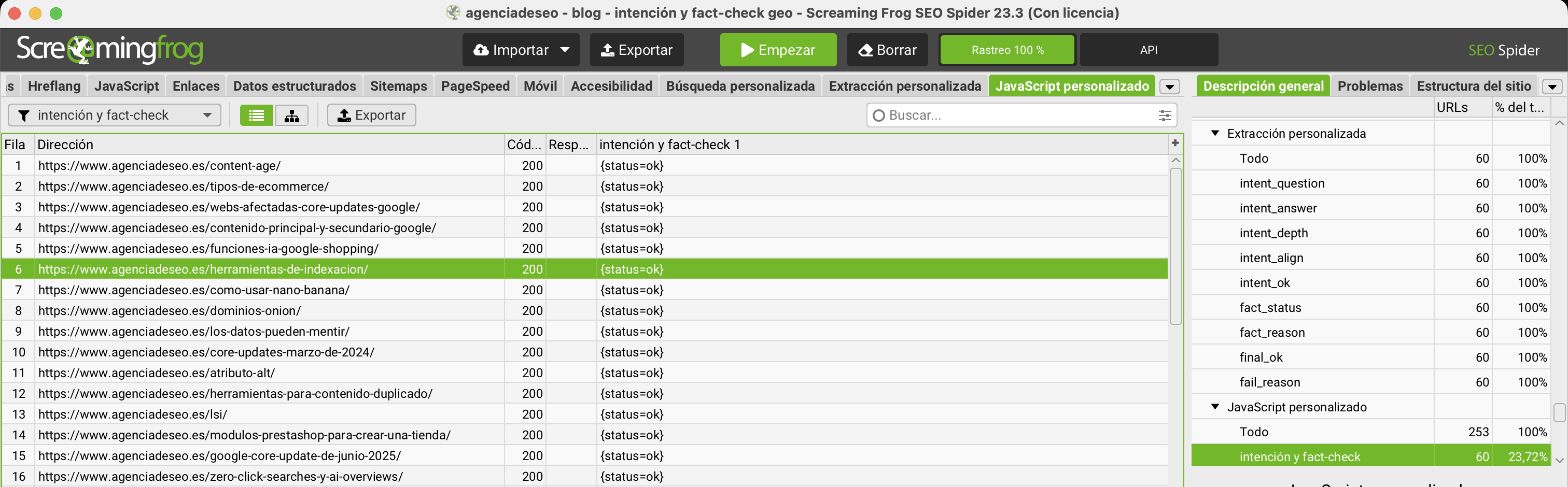 Resultado status ok en Screaming Frog